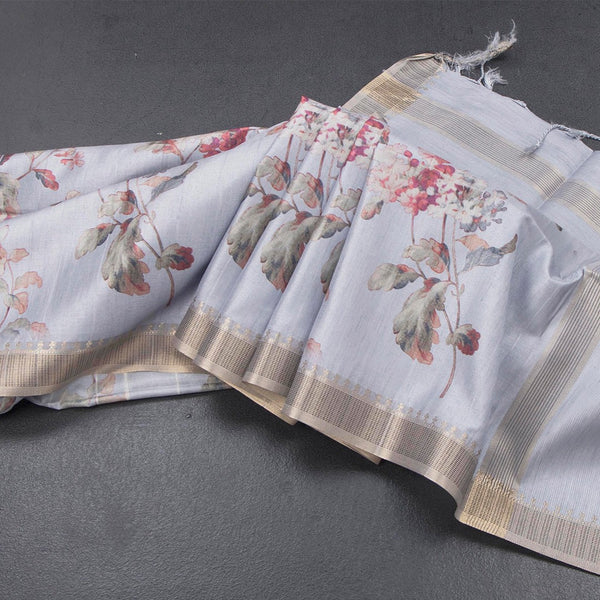 Raw Silk Light Lavender Floral Printed Saree