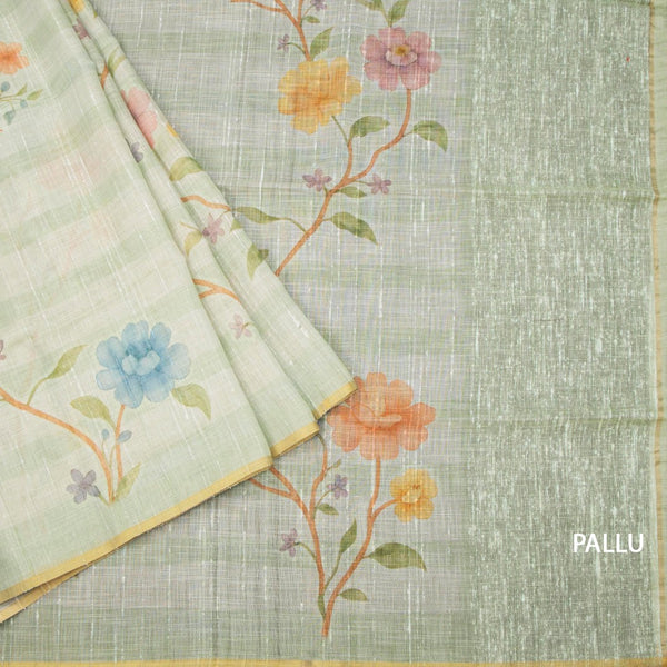 Linen Light Green Floral Paint Work Saree