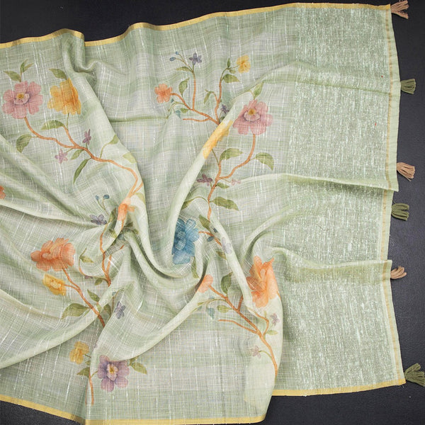 Linen Light Green Floral Paint Work Saree