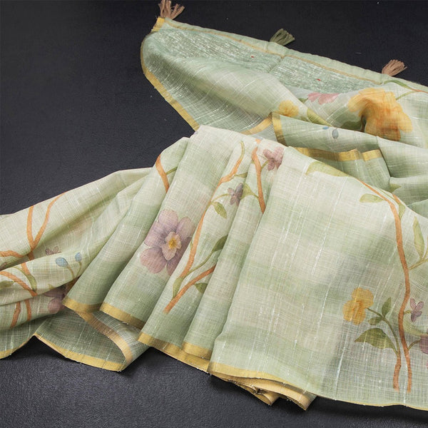 Linen Light Green Floral Paint Work Saree
