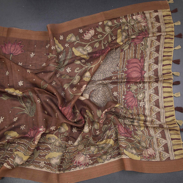 Semi Linen Cinnamon Brown Printed Saree