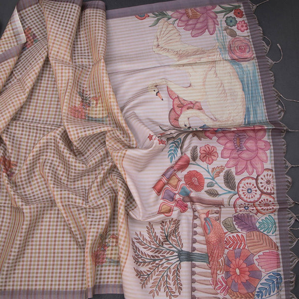 Raw Silk Multi Colour Checked Saree With Paint Work
