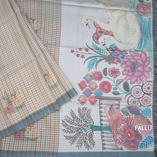 Raw Silk Multi Colour Checked Saree With Paint Work 03