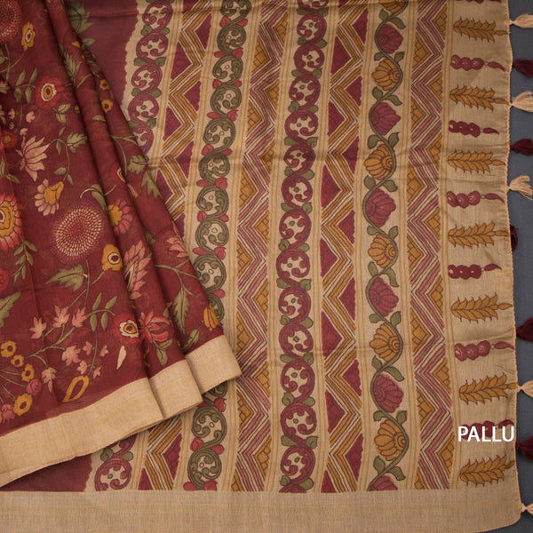 Semi Linen Maroon Floral Printed Saree