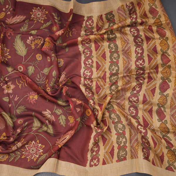 Semi Linen Maroon Floral Printed Saree