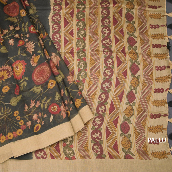 Semi Linen Dark Green Floral Printed Saree 02
