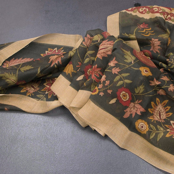 Semi Linen Dark Green Floral Printed Saree 02