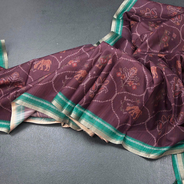 Raw Silk Dark Brown Ikkat Printed Saree 02