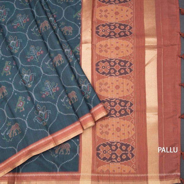 Raw Silk Dark Teal Green Ikkat Printed Saree