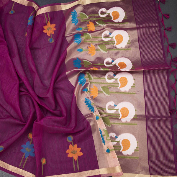 Raw Silk Magenta Purple Saree With Paint Work