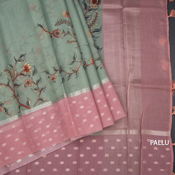 Kota Pista Green Floral Paint Work Saree