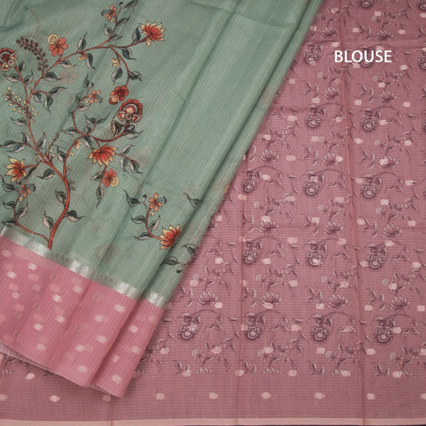 Kota Pista Green Floral Paint Work Saree