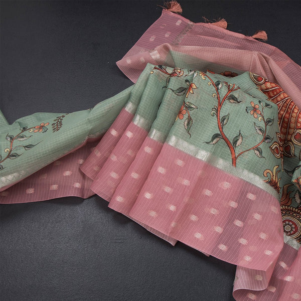 Kota Pista Green Floral Paint Work Saree