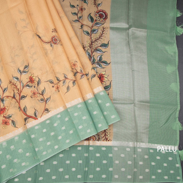 Kota Dark Sandal Floral Paint Work Saree