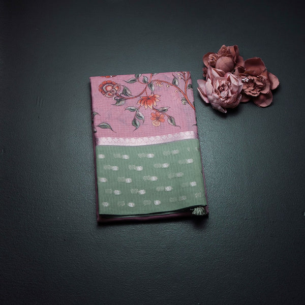 Kota Rose Pink Floral Paint Work Saree