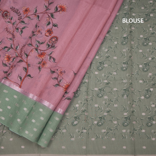 Kota Rose Pink Floral Paint Work Saree