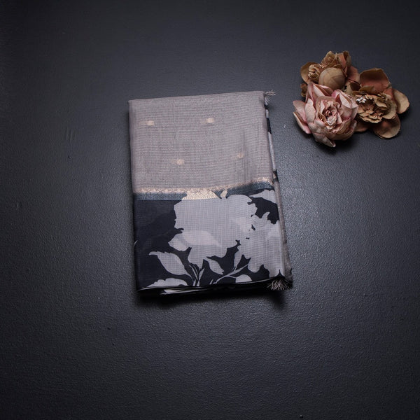 Kota Grey Saree With Zari Buttas And Printed Border