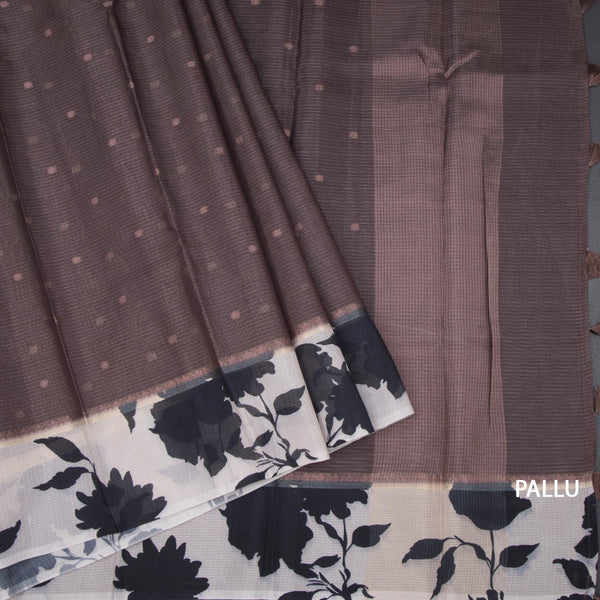 Kota Dark Brown Saree With Zari Buttas And Printed Border