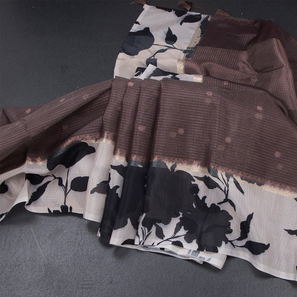 Kota Dark Brown Saree With Zari Buttas And Printed Border