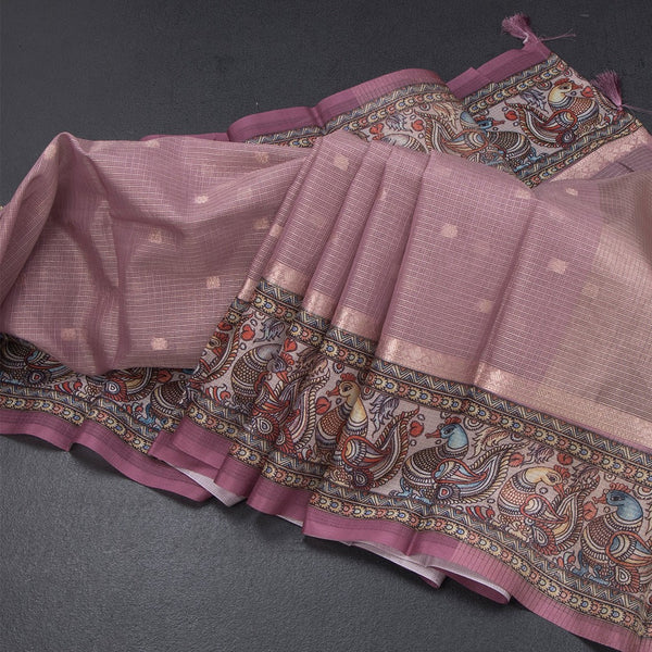 Kota Onion Pink Saree With Zari Buttas And Printed Border