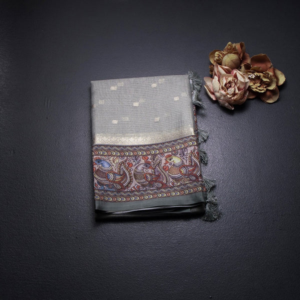 Kota Sage Green Saree With Zari Buttas And Printed Border