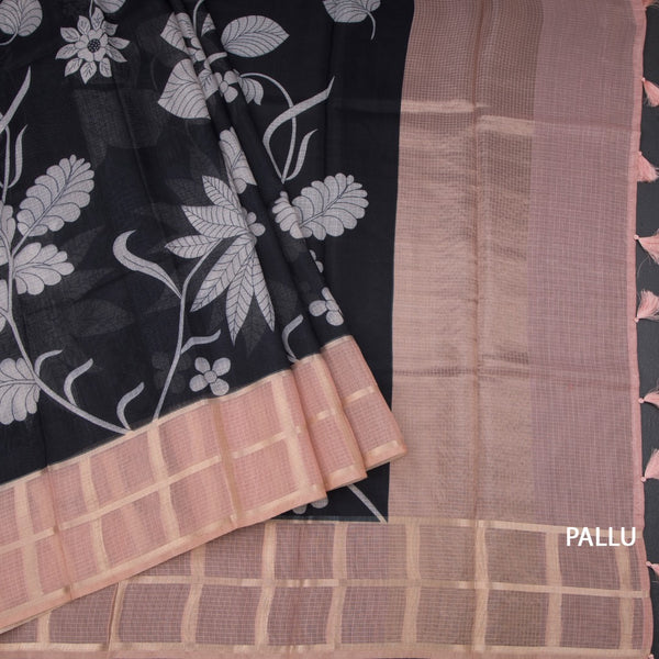 Kota Black Floral Printed Saree And Zari Checked Border