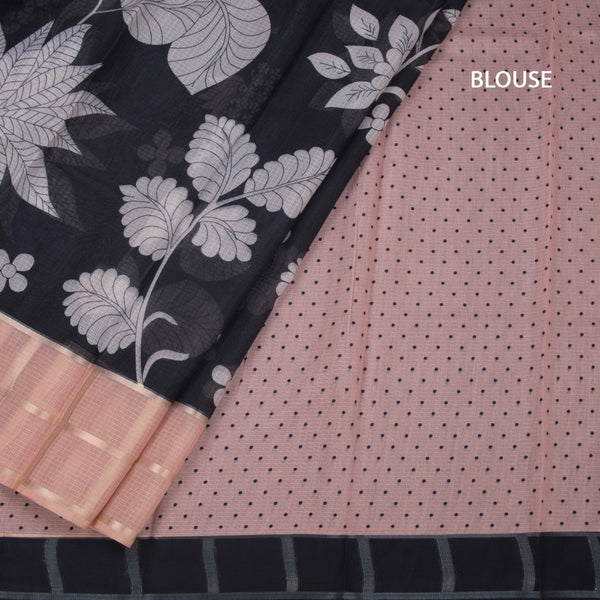Kota Black Floral Printed Saree And Zari Checked Border