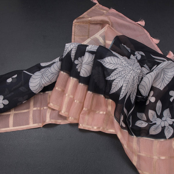 Kota Black Floral Printed Saree And Zari Checked Border