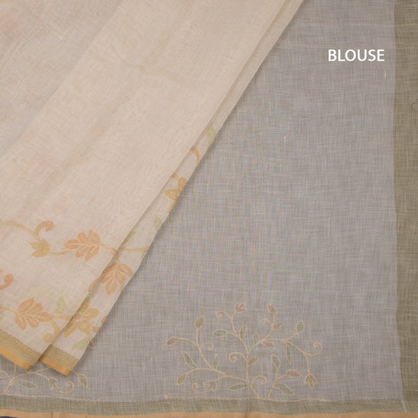Linen Light Sandal Saree With Painted Zari Thread Work