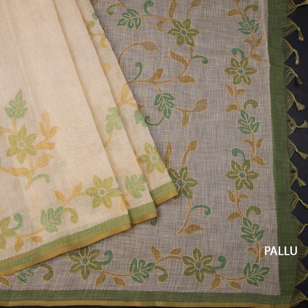 Linen Light Sandal Saree With Painted Zari Thread Work 02
