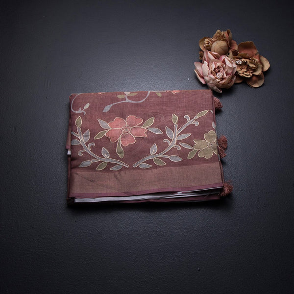 Linen Cinnamon Brown Saree With Painted Zari Thread Work 