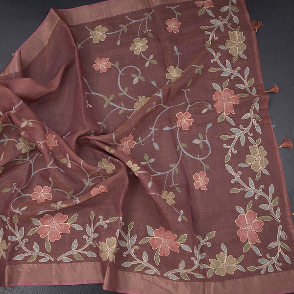 Linen Cinnamon Brown Saree With Painted Zari Thread Work 