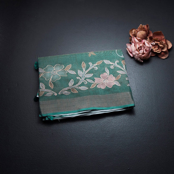 Linen Jade Green Saree With Painted Zari Thread Work