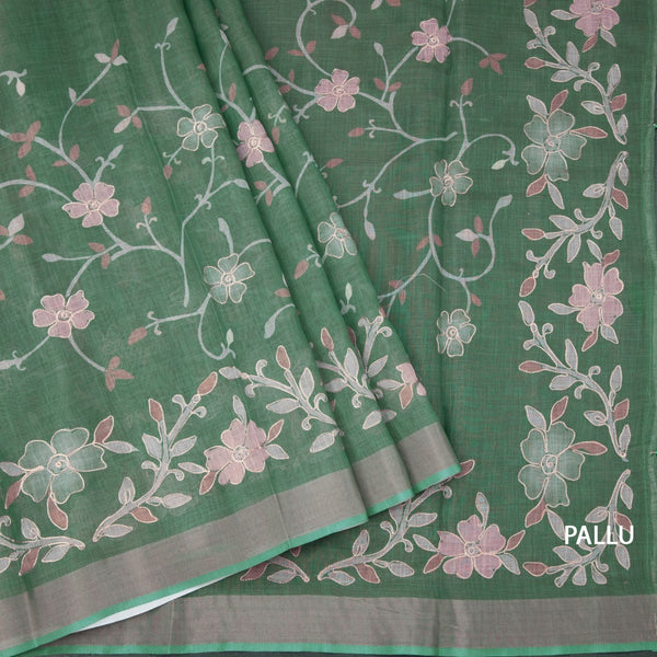 Linen Jade Green Saree With Painted Zari Thread Work