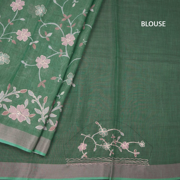 Linen Jade Green Saree With Painted Zari Thread Work