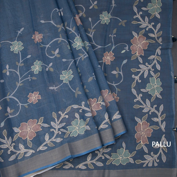 Linen Blue Saree With Painted Zari Thread Work