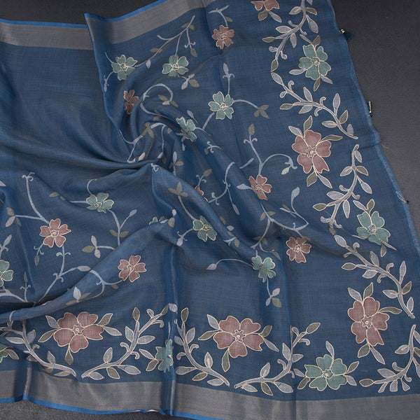 Linen Blue Saree With Painted Zari Thread Work