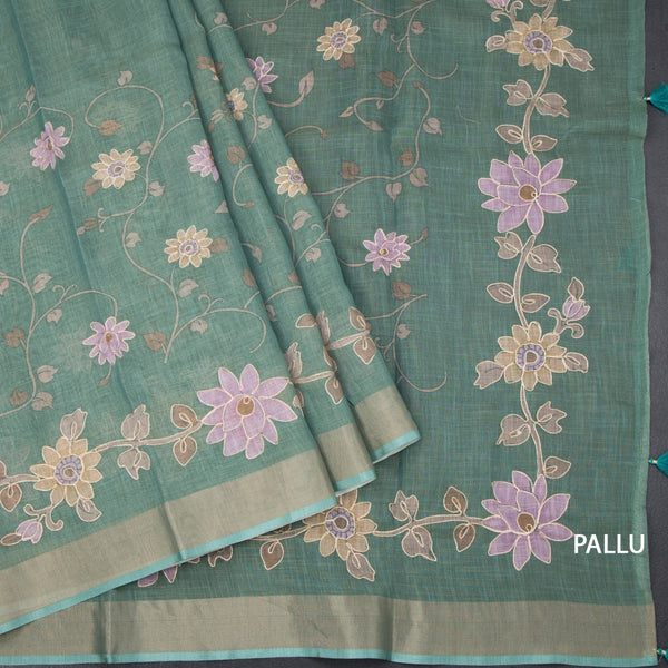 Linen Jade Green Saree With Painted Zari Thread Work 02