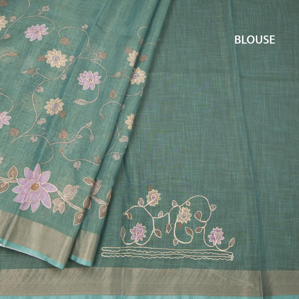 Linen Jade Green Saree With Painted Zari Thread Work 02