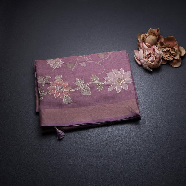 Linen Onion Pink Saree With Painted Zari Thread Work