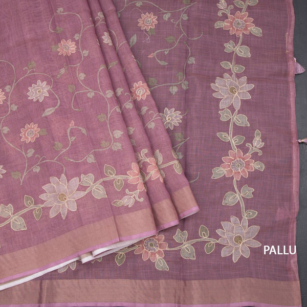 Linen Onion Pink Saree With Painted Zari Thread Work