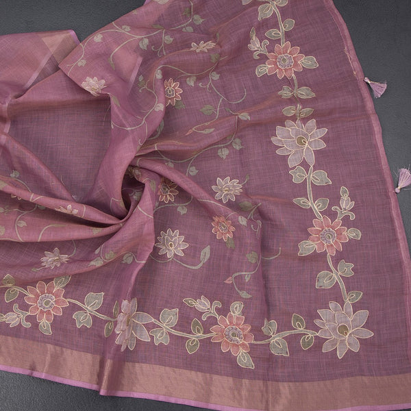 Linen Onion Pink Saree With Painted Zari Thread Work