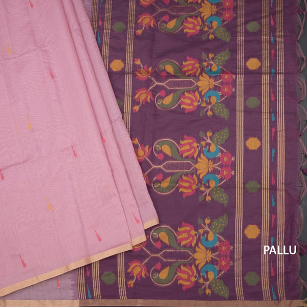 Silk Cotton Light Pink Borderless Thread Work Saree