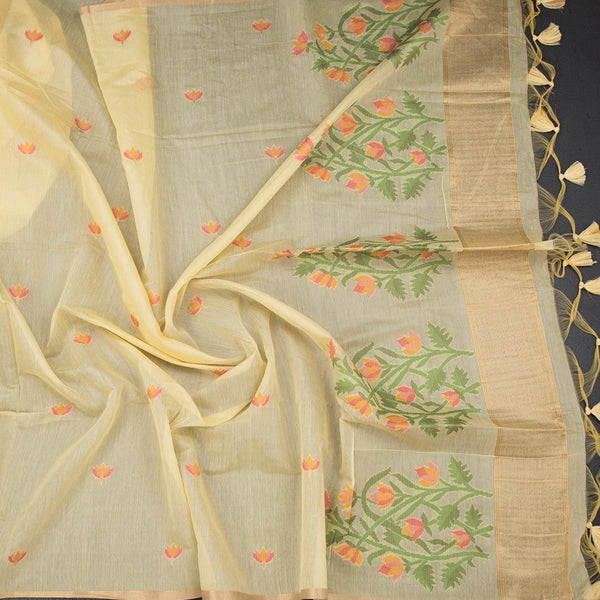 Silk Cotton Yellow Borderless Thread Work Saree