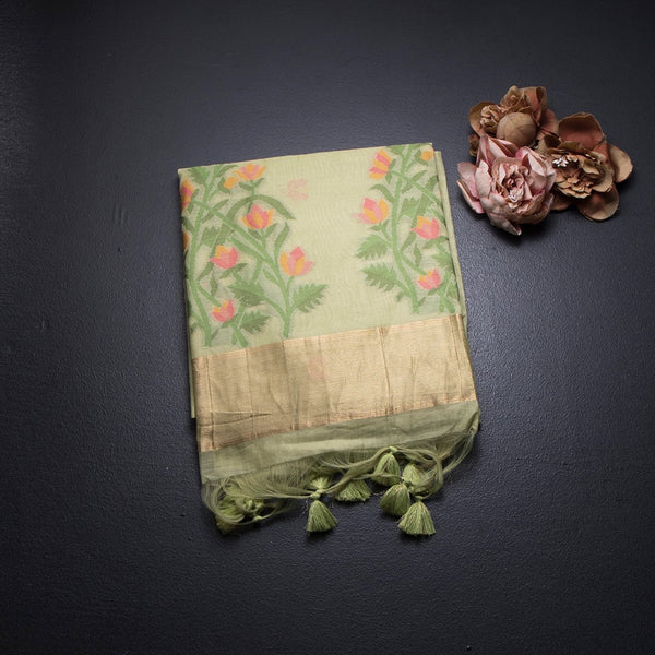 Silk Cotton Lime Green Borderless Thread Work Saree
