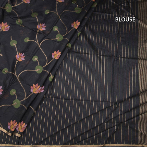 Silk Cotton Black Borderless Thread Work Saree In Floral Creeper Design