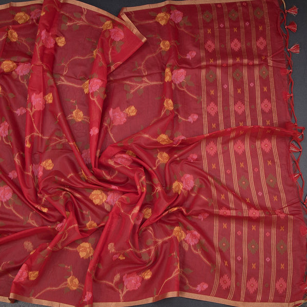 Silk Cotton Red Borderless Thread Work Saree In Floral Creeper Design