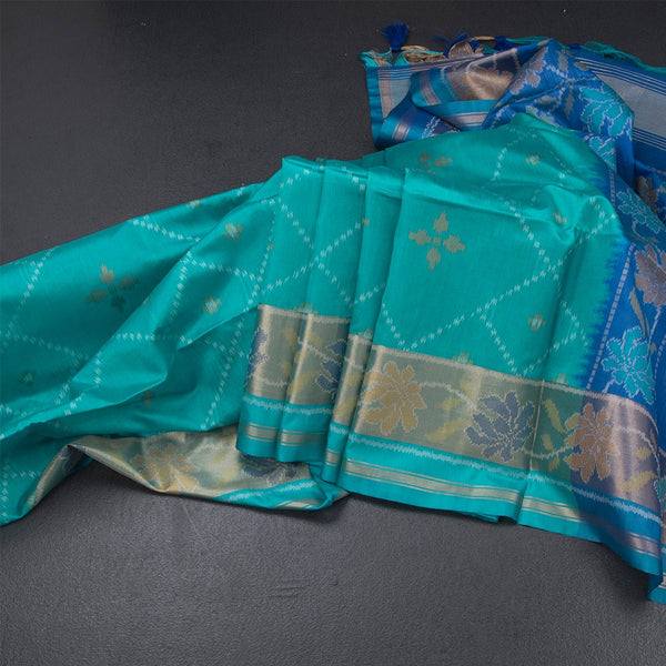 Raw Silk Rama Blue Printed Saree