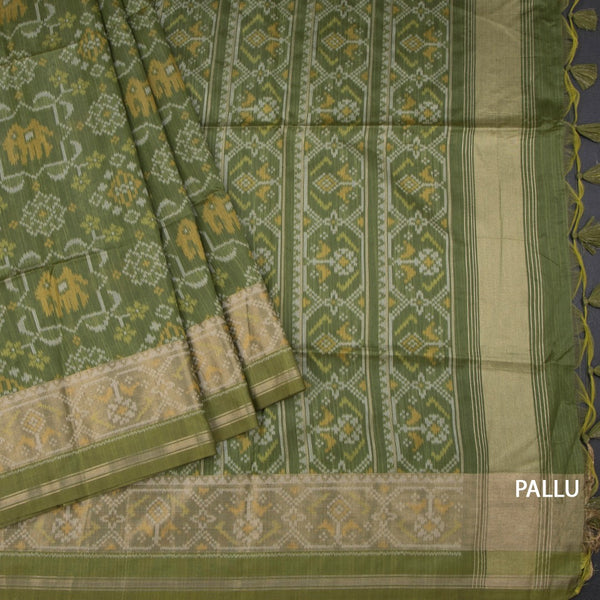 Raw Silk Parrot Green Printed Saree 02