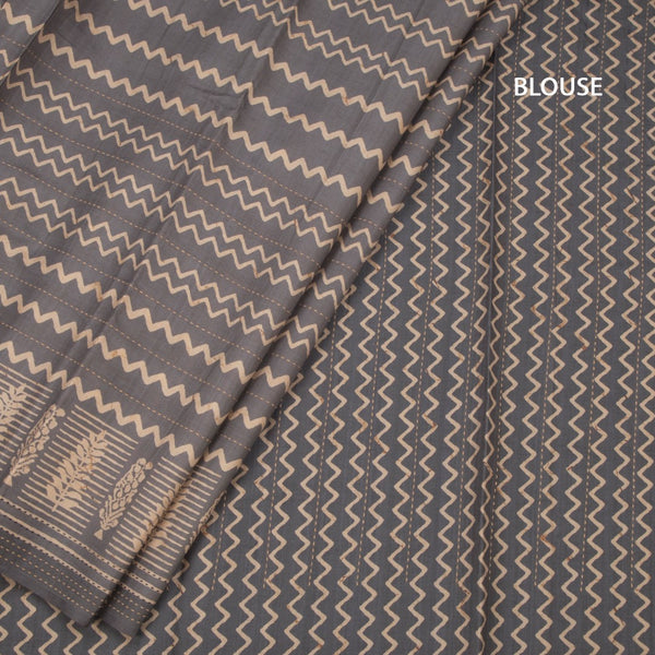 Raw Silk Grey Zig Zag Printed Saree